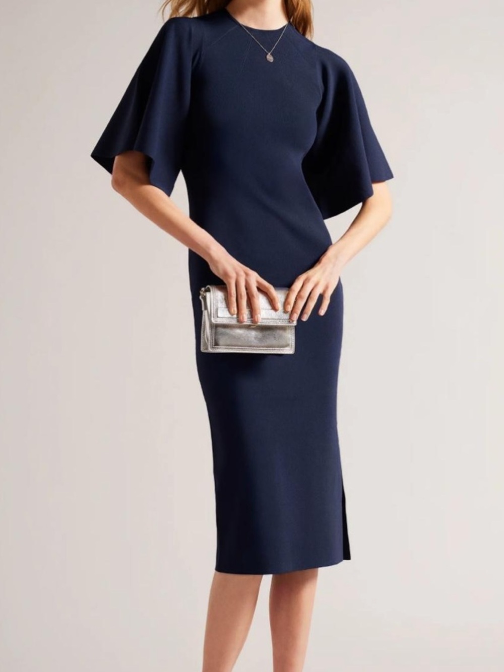 Ted Baker Navy Midi Dress with Flutter Sleeves